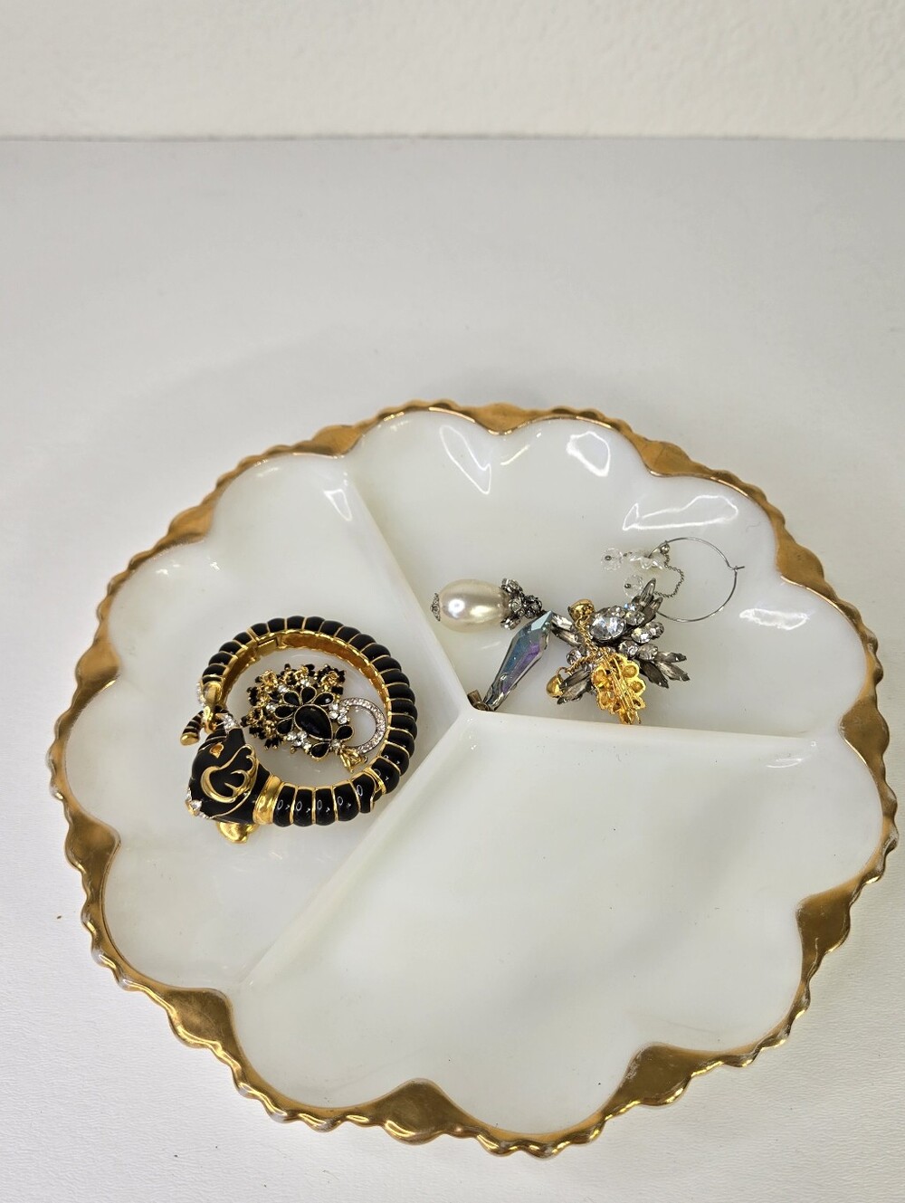 VTG Anchor Hocking Fire King Milk Glass Divided Relish Dish gold trim 9.5 MCM